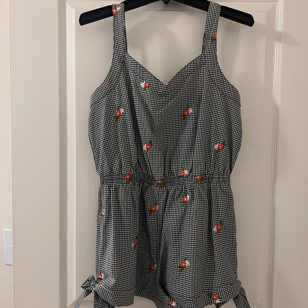 BeBop Black and White Gingham Romper with Floral Accents
